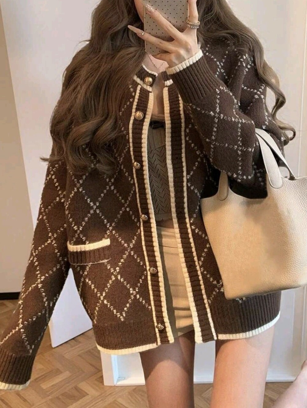 Women's Retro Casual Diamond Pattern Loose Knit Cardigan Sweater, Autumn/Winter